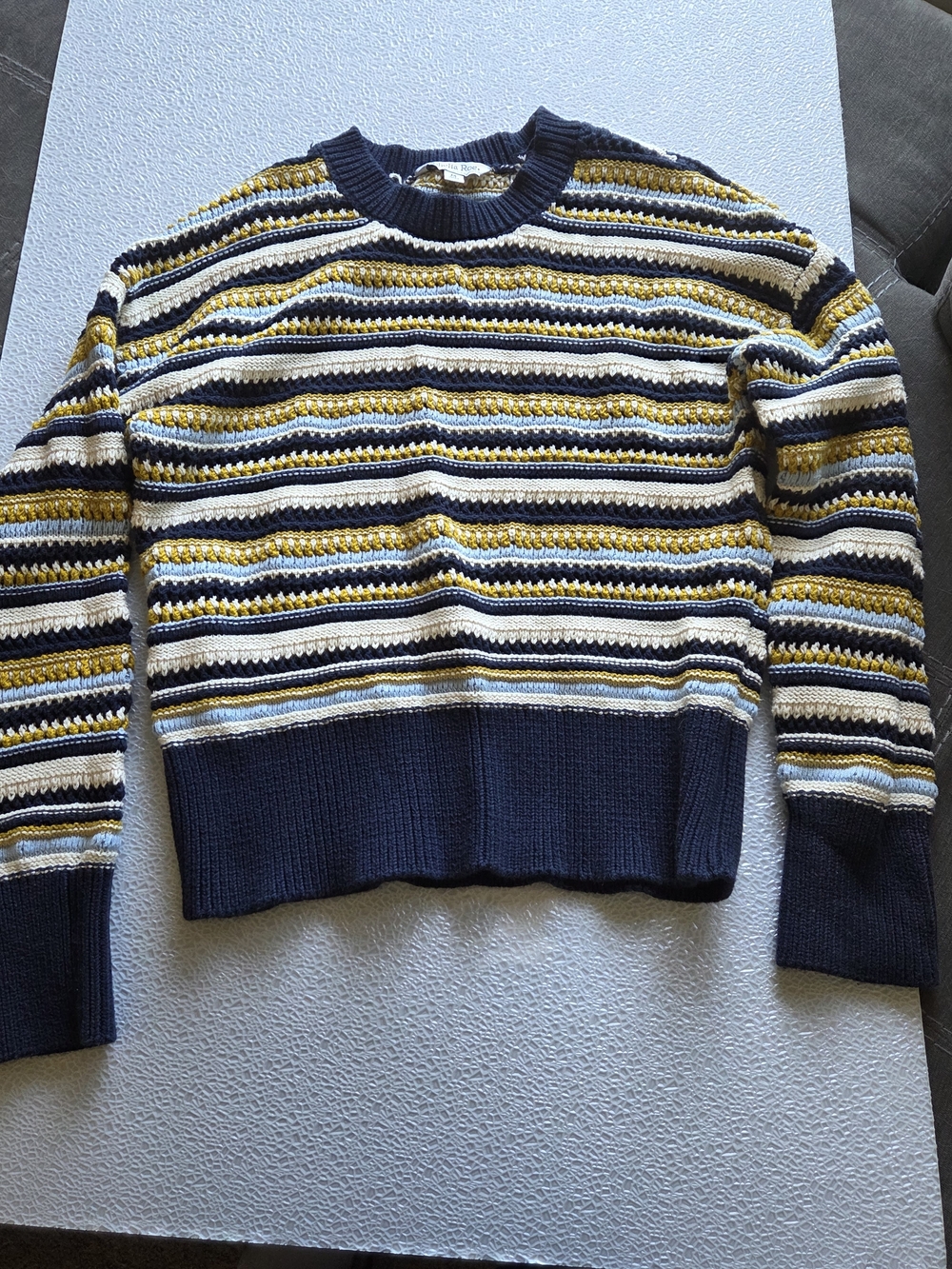 Cute Autumn Sweater in Navy, White & Mustard - Size Medium